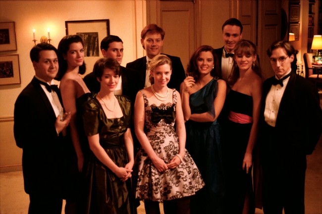 Bryan Leder, Allison Rutledge-Parisi, Chris Eigeman, Edward Clements, Will Kempe, Carolyn Farina, Dylan Hundley, Ellia Thompson, Isabel Gillies, and Taylor Nichols in Whit Stillman’s METROPOLITAN (1990). Courtesy: Rialto Pictures